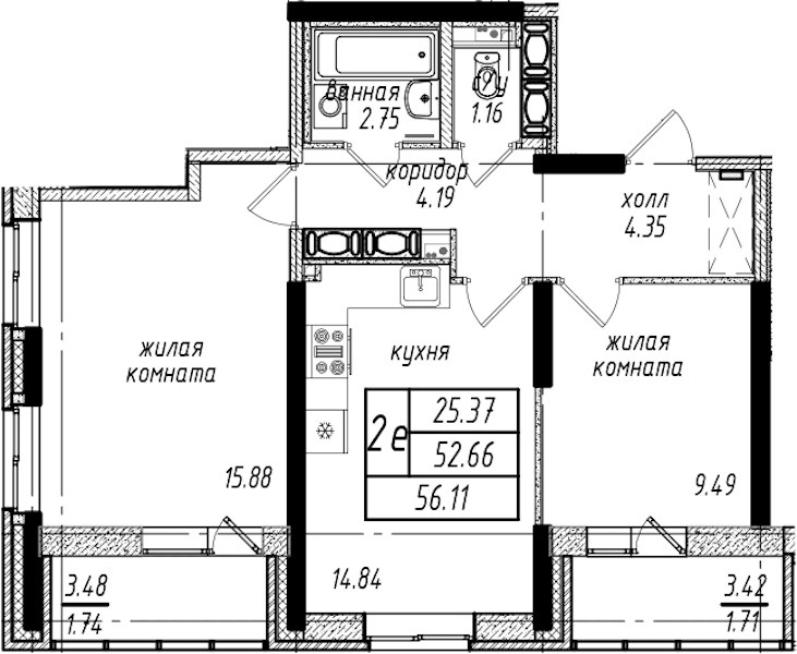 2-комнатная квартира 56.11 м², 25/25 эт., ЖК «Северная Долина»